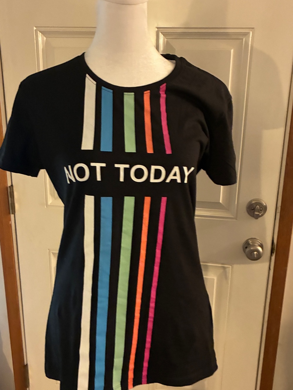 NOT TODAY Black Tee with Rainbow Vertical Stripes